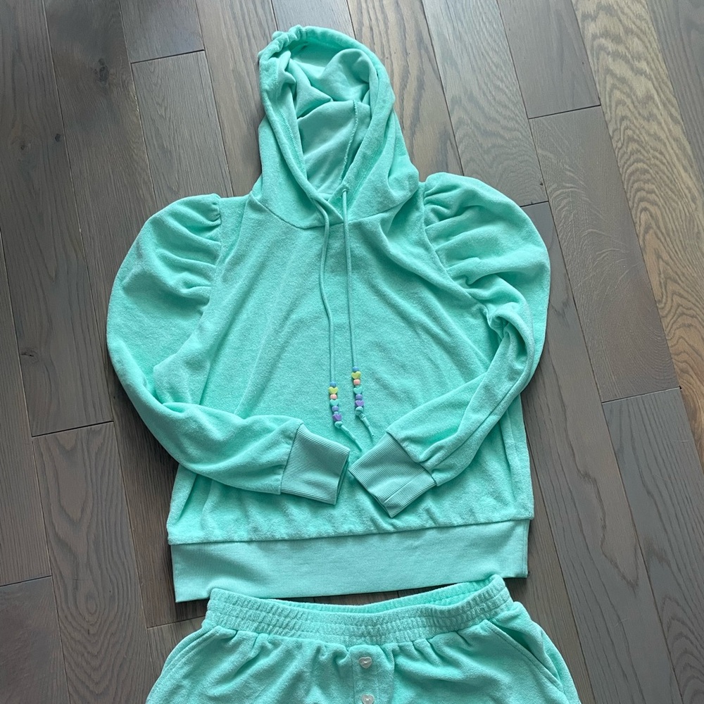 Stoney Clover Lane x Target collaboration green Terry hoodie and shorts set